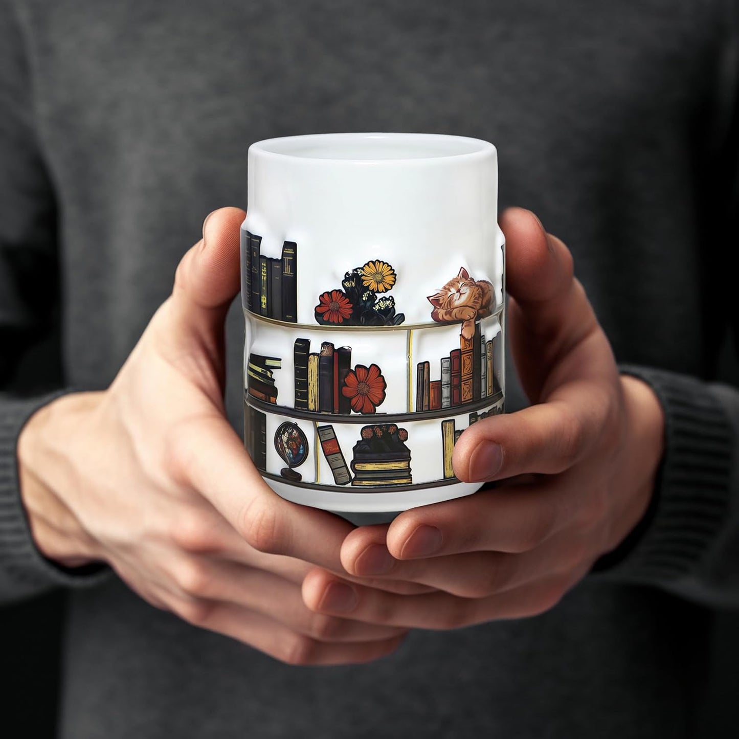Full-Wrap Embossed 3D Book Mugs For Book Lovers Gifts For Readers Women 3D Bookshelf Mug 15Oz - A Library Shelf Cup, Cat Mugs For Cat Lovers Women And Men, Love Cats Mug Gift For Writers And Authors