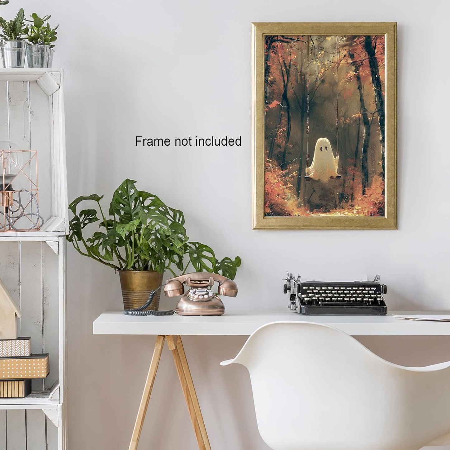 Vintage Cute Ghost Canvas Wall Art Funny Ghost on A Swing in The Forest Aesthetic Poster Gothic Dark Academia Wall Decor Spooky Fall Gothic Cute Decor 11x14in Unframed