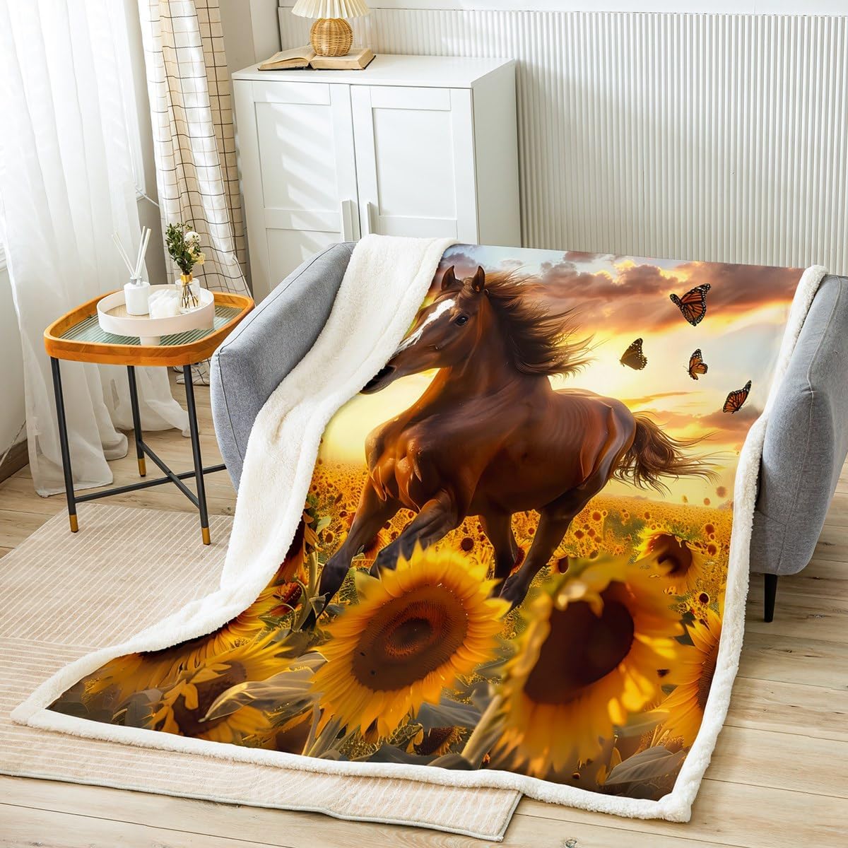 Feelyou Kids Boys Girls Horse Sherpa Blanket Galloping Horse Fleece Throw Blanket Sunflower Horse Plush Blanket for Cute Animal Decor Fuzzy Cozy Soft Blanket Twin 60"x80"