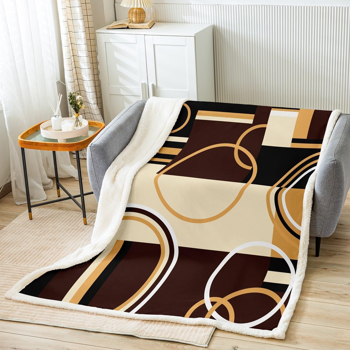 Erosebridal Modern Geometric Throw Blanket Brown Black Stripes Fleece Blanket for Kids Adult Retro Circle Swirls Sherpa Blanket Bedroom Decor Abstract Texture Color Art Bed Blanket Throw 50"x60"