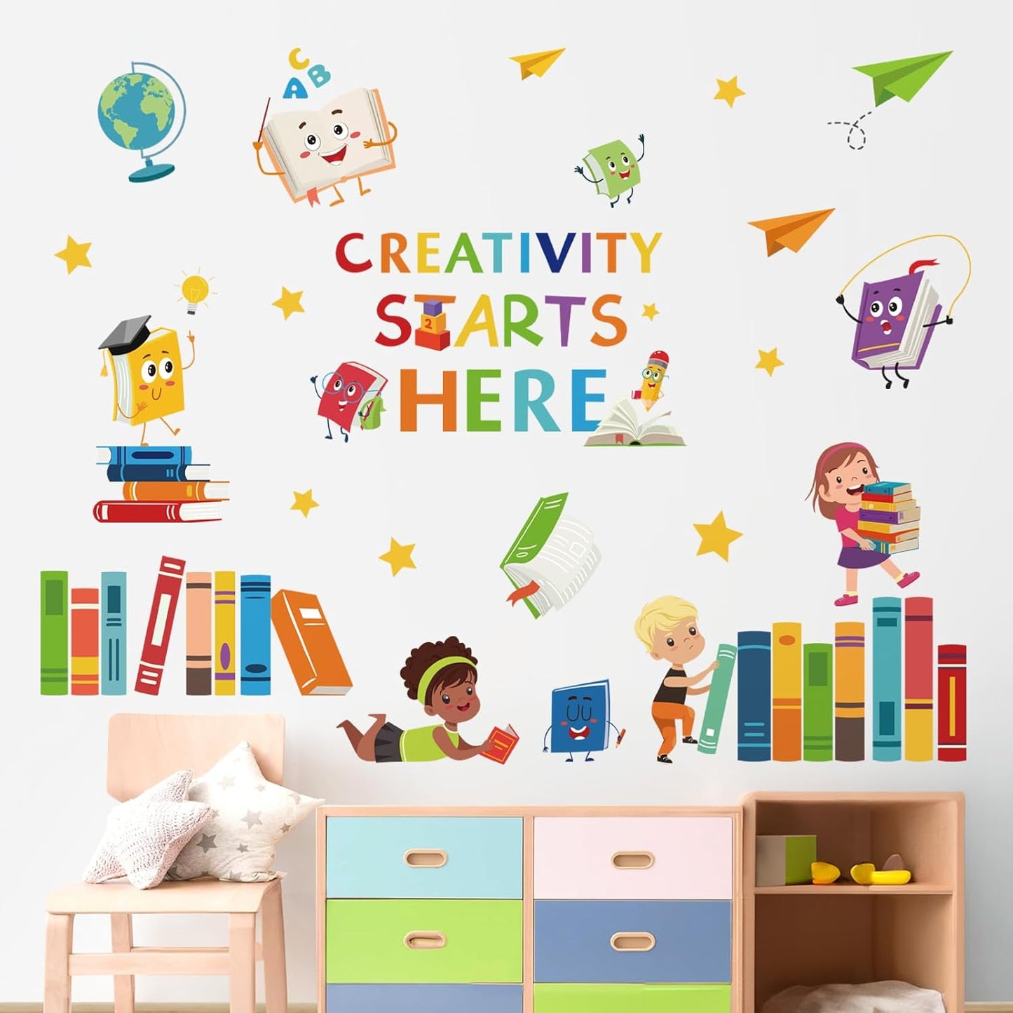 wondever Reading Corner Wall Stickers Books Kids Inspirational Educational Quote Peel and Stick Wall Art Decals for Baby Nursery School Corner Classroom