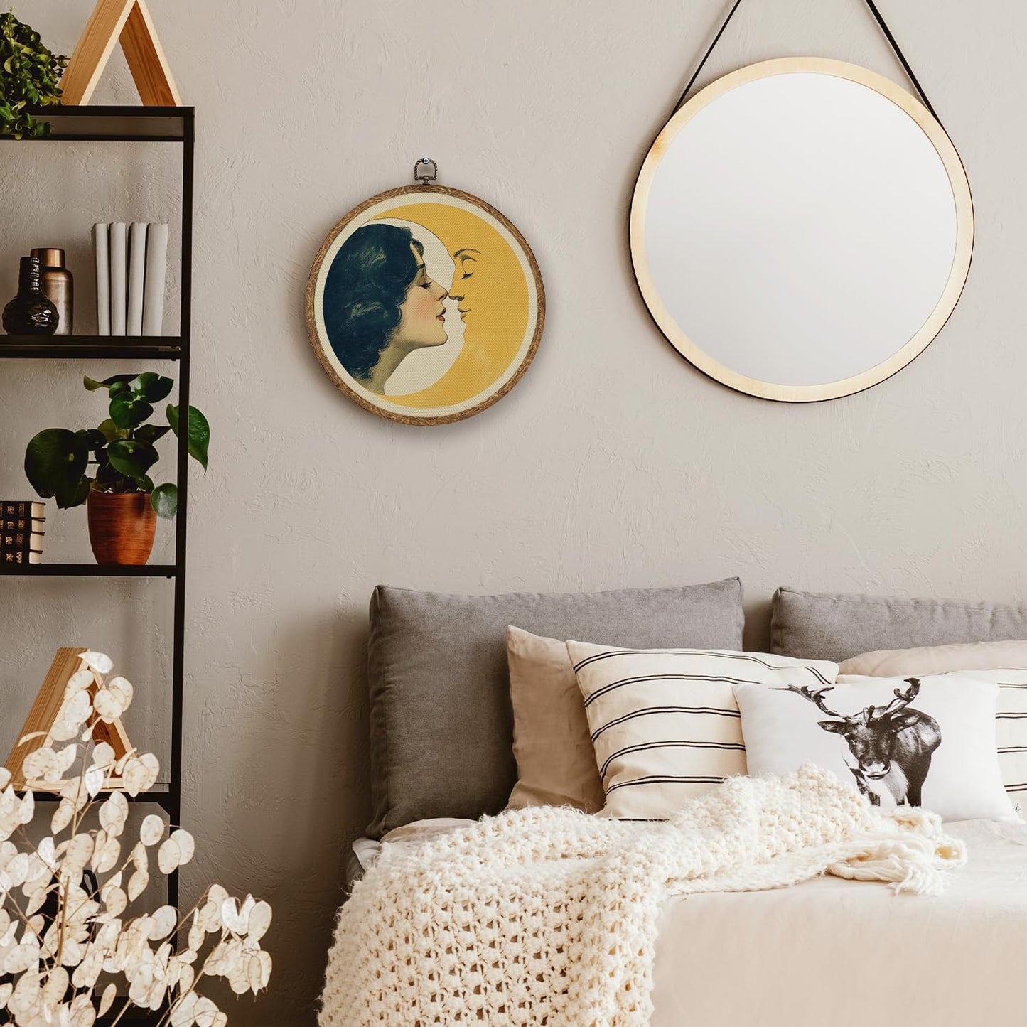Romantic Moon and Young Girl Wall Art,Vintage-Inspired Celestial Linen Print Round Artwork ,Surreal Moon and Woman Hanging Decor for Bedroom, Living Room, or Dreamy Space 10''x10''(Ggolden-moon and Girl)