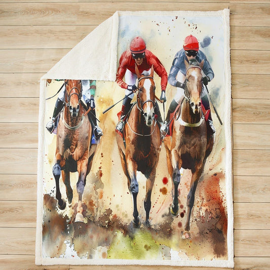 Horse Racing Print Sherpa Fleece Blanket Exciting Horse Game Art Painting Throw Blanket Graffiti Dust Fuzzy Soft Blanket Bed Couch,Throw Size (50 x 60 Inches)