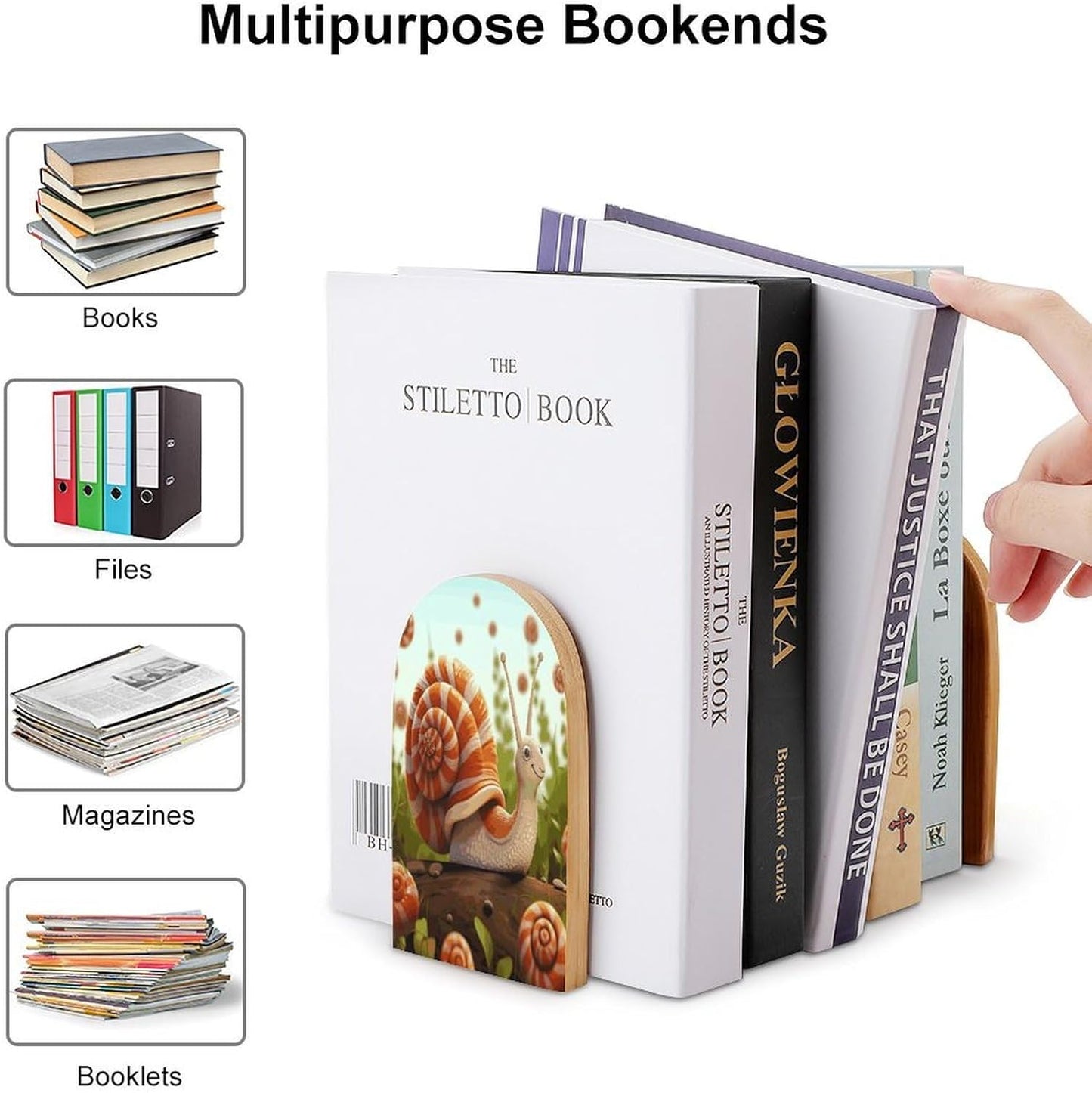 Cute Snail Bookends 1 Pair Heavy Duty Book Ends for Shelves Non-Skid Bookend Supports Wooden Book Holders with Metal Base Desk Organizers Books Storage to Hold Books