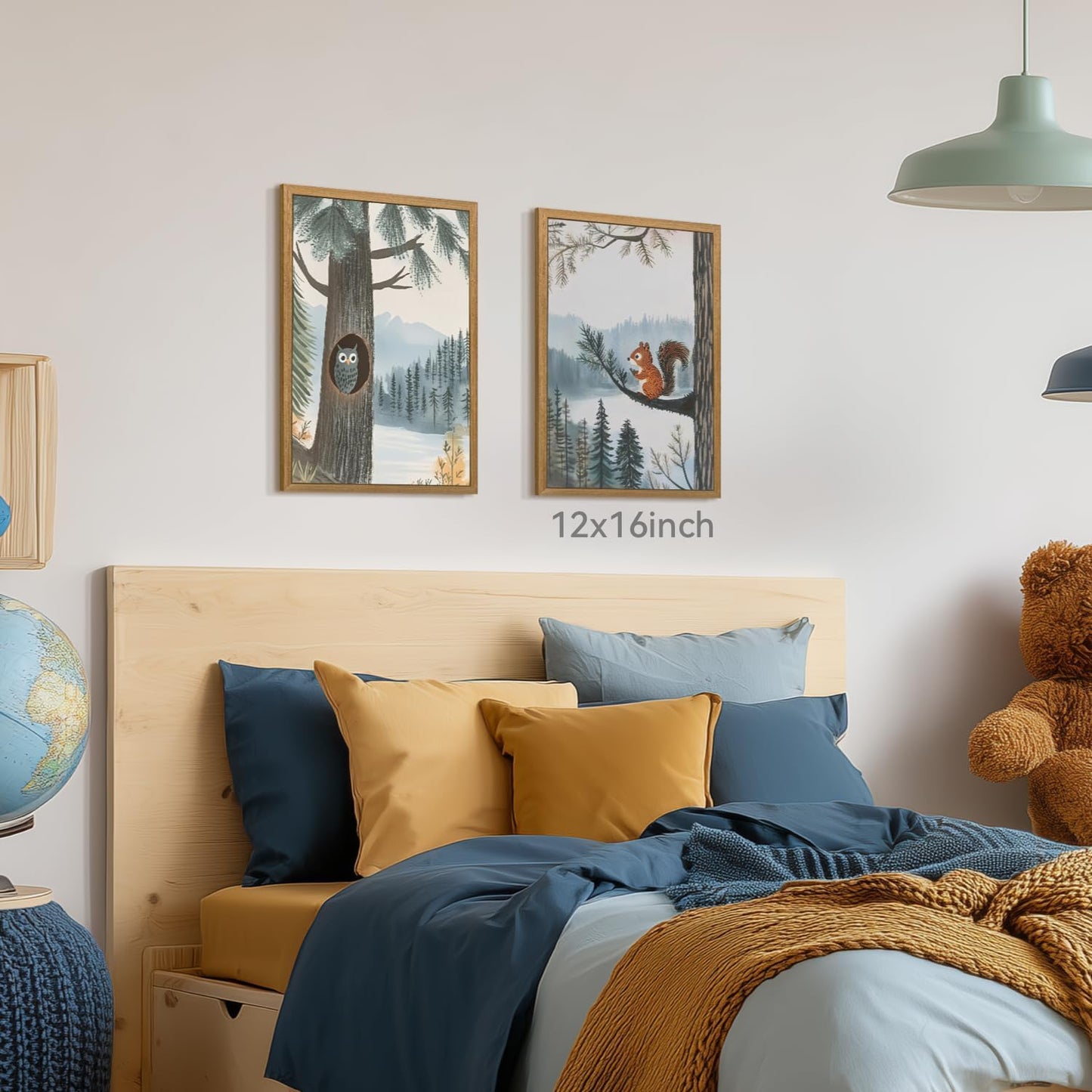 CAZLOUC Wood Framed Woodland Animal Nursery Wall Art Set of 3, Baby Boy Forest Adventure Wall Decor, Bear Owl Squirrel Art Print, Vintage Neutral Mountain Landscape Artwork for Kids Room 16x24 Inch