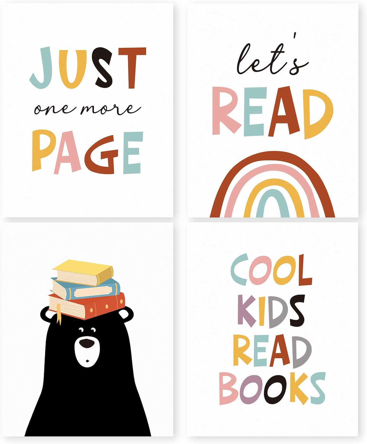 HRQKO Cool Kids Read Books Wall Art Poster Set of 4, Boho Rainbow Classroom Library Reading Corner Posters Wall Decor, Inspirational Quotes Read Signs Prints for Playroom Nursery 8”x10” Unframed