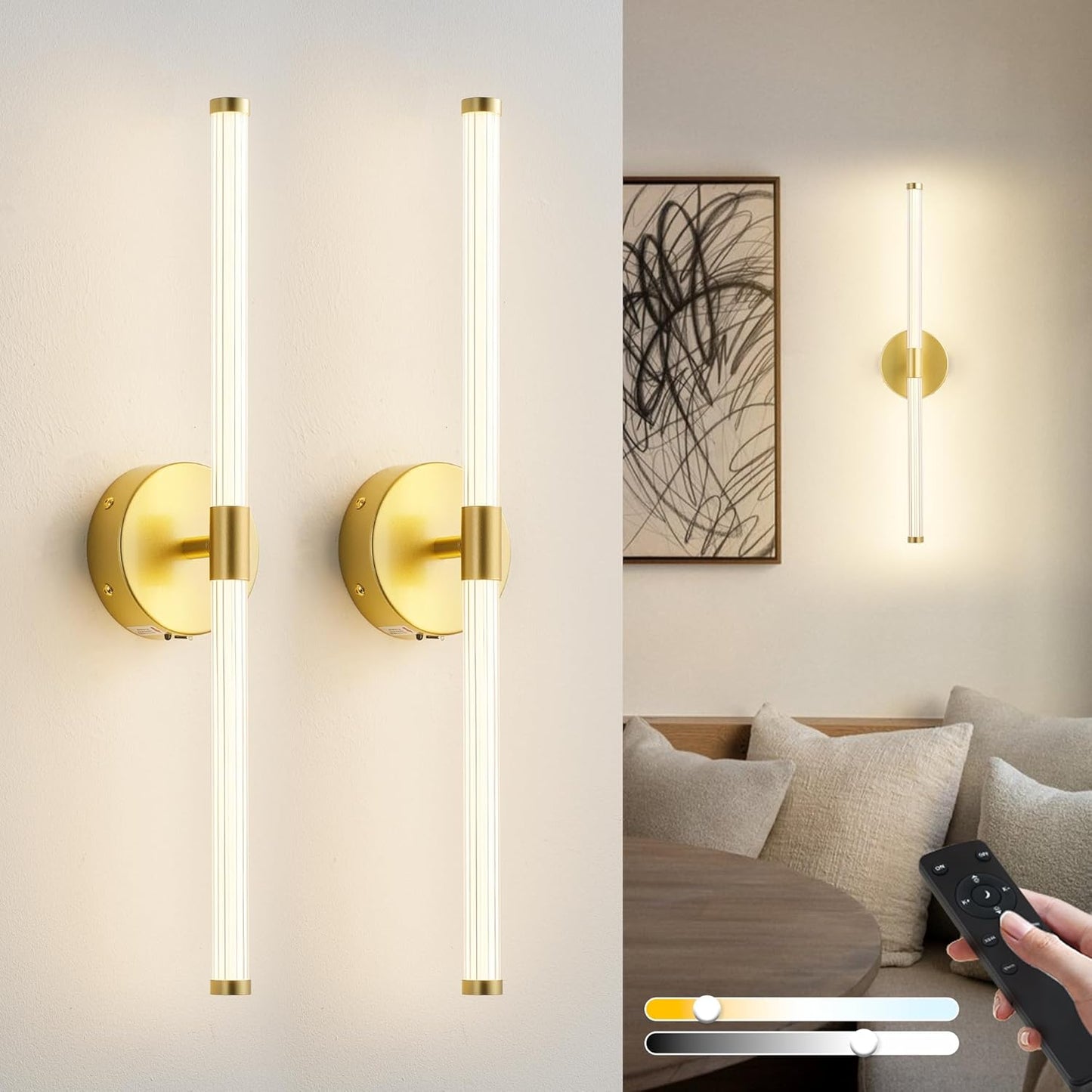 Wireless Wall Sconces Rechargeable Battery Operated LED Wall Light with Remote, 3000K-6000K Adjustable Stepless Dimming for Bedroom, Hallway, Kitchen, 23.6 Inch Gold
