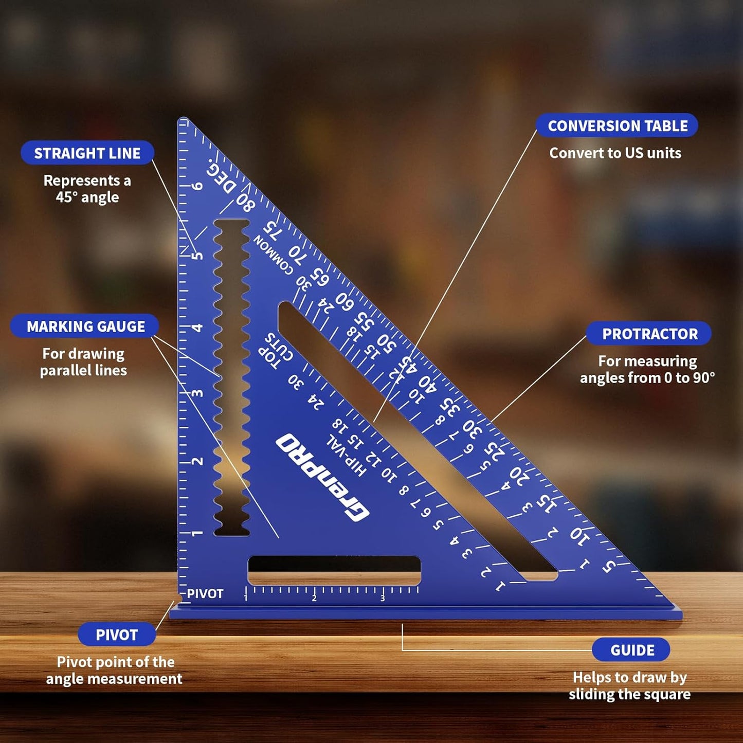Combination Square Woodworking Ruler Tools, 7inch Carpenter Square Wood Working Tools and Accessories, 12inch Square Ruler, Includes 2-in-1 Carpentry Pencil, Protractor Angle Machinist Tool