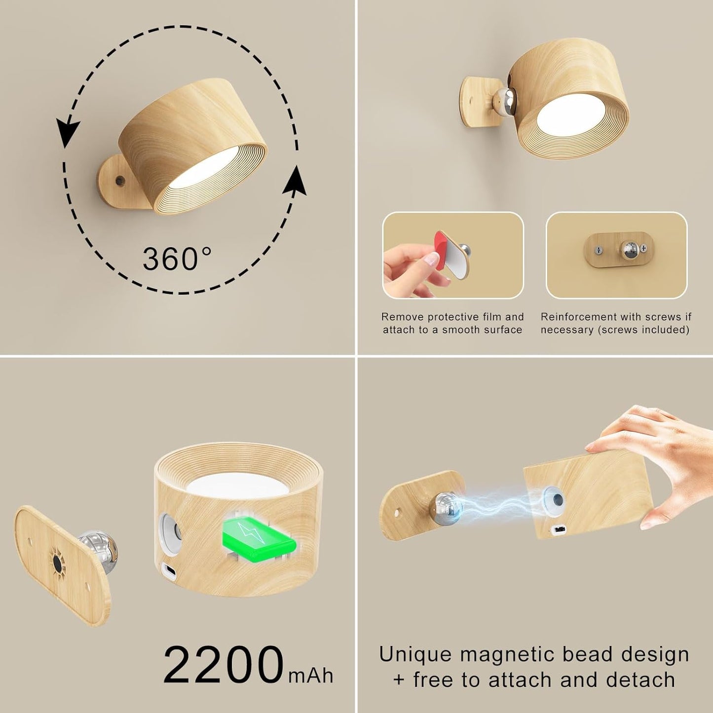 Battery Operated Wall Sconces Set of 2, Magnetic Cordless LED Wall Lights with 3 Color Temp & Dimmable Touch Control, 360° Rotating Rechargeable Wall Lamp, Reading Light for Bedroom & Bedside