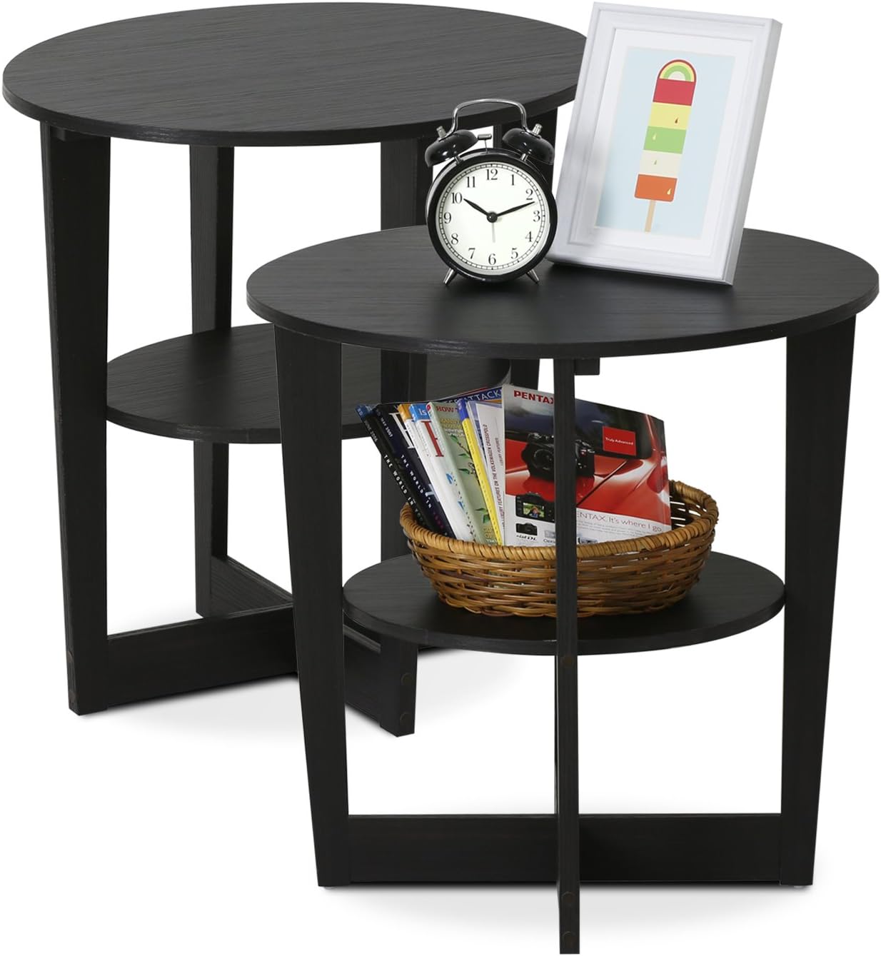 Furinno JAYA Side Table Set of 2, 2-Tier Round End Table with Oval Tabletop, Night Stand, Bedside Table with Open Shelf, for Living Room, Bedroom, Walnut