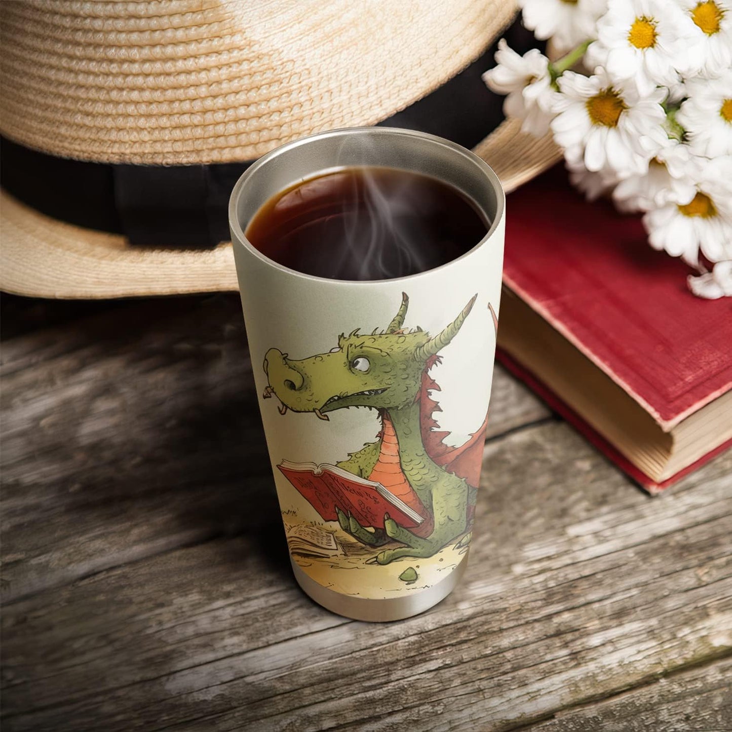 20oz Colorful Painting Book Dragon Tumbler, Librarian, Reading Gifts for Dragon Lovers, Coffee Tumbler for Women, Stainless Steel Double Wall Vacuum Insulated Coffee Mug, Travel Cup with Lid