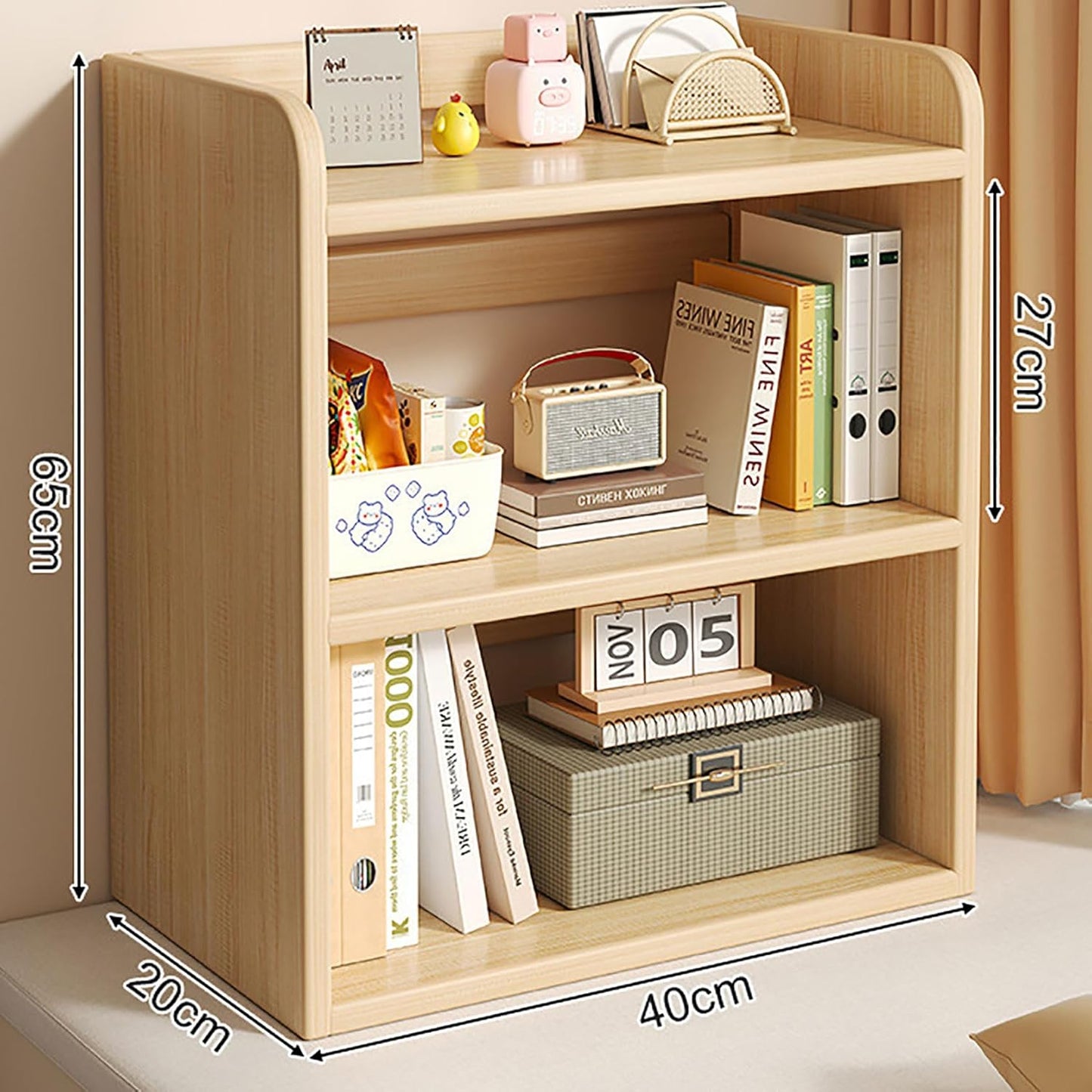 3-Tier Solid Wood Bookshelf, Freestanding Desktop Shelf for Small Spaces, Modern Horizontal Bookcase, Corner Storage Rack (Size: 40x20x65CM, Color: A)