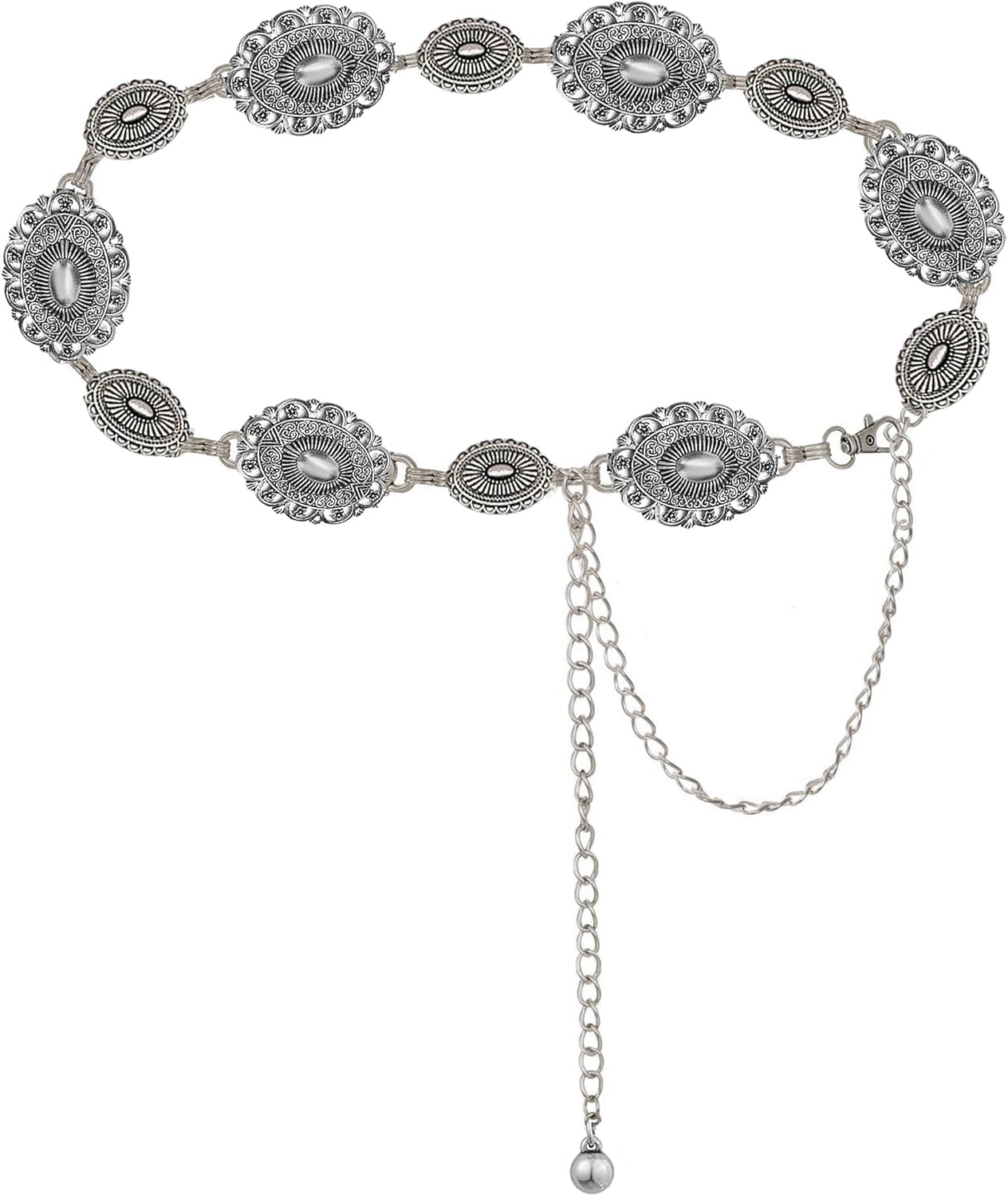 Western-Concho-Belt-Women Cowgirl-Metal-Belts Boho Silver Vintage Turquoise Chain Belt for Dress Jeans