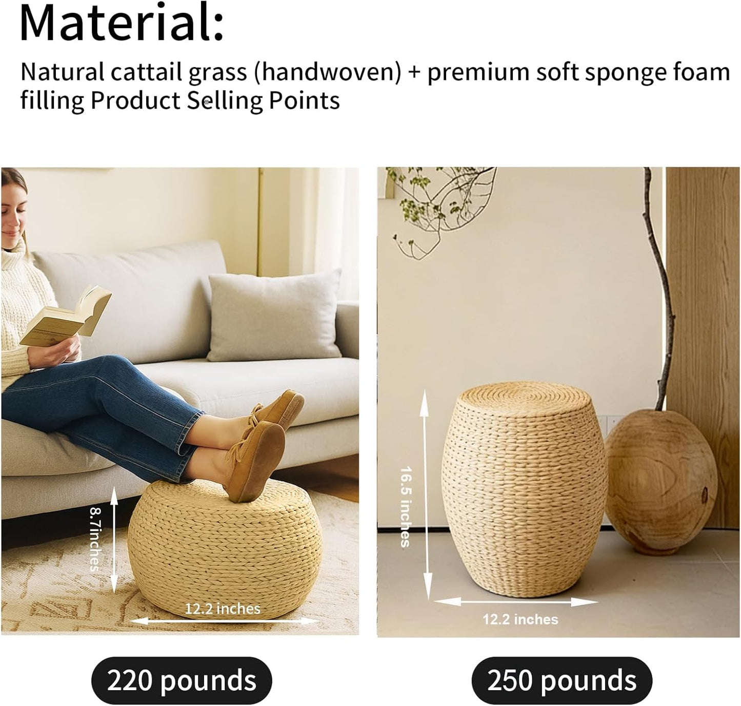 Natural Straw Round Pouf Ottoman, Handwoven Boho Footstool with Wood Frame for Living Room Bedroom Patio Garden (12.2"x12.2"x8.7")