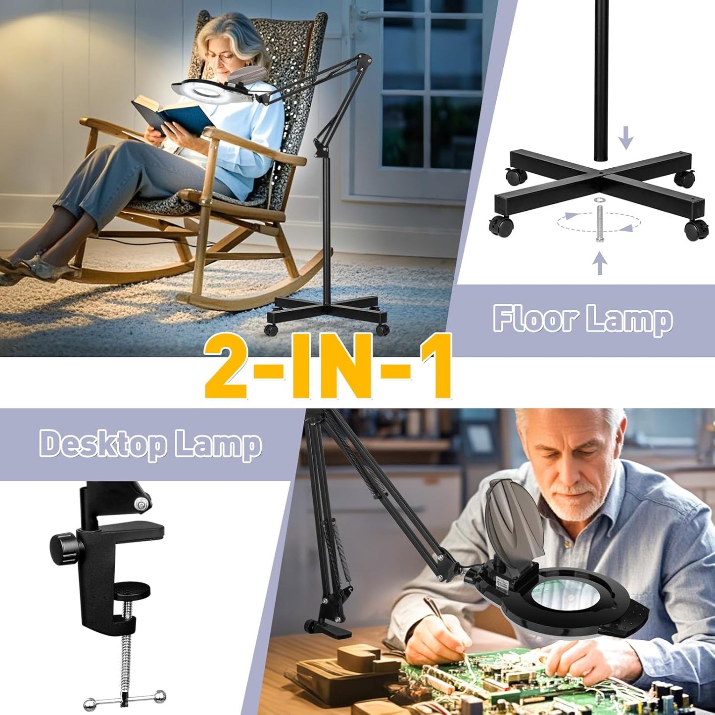 10X Lighted Magnifying Glass with Light, NUEYiO 2200 Lumen Stepless Dimmable Magnifying Floor Lamp, 2-In-1 Adjustable Metal Swing Arm LED Magnifier Lamp, Esthetician Light for Tattoo Reading Soldering
