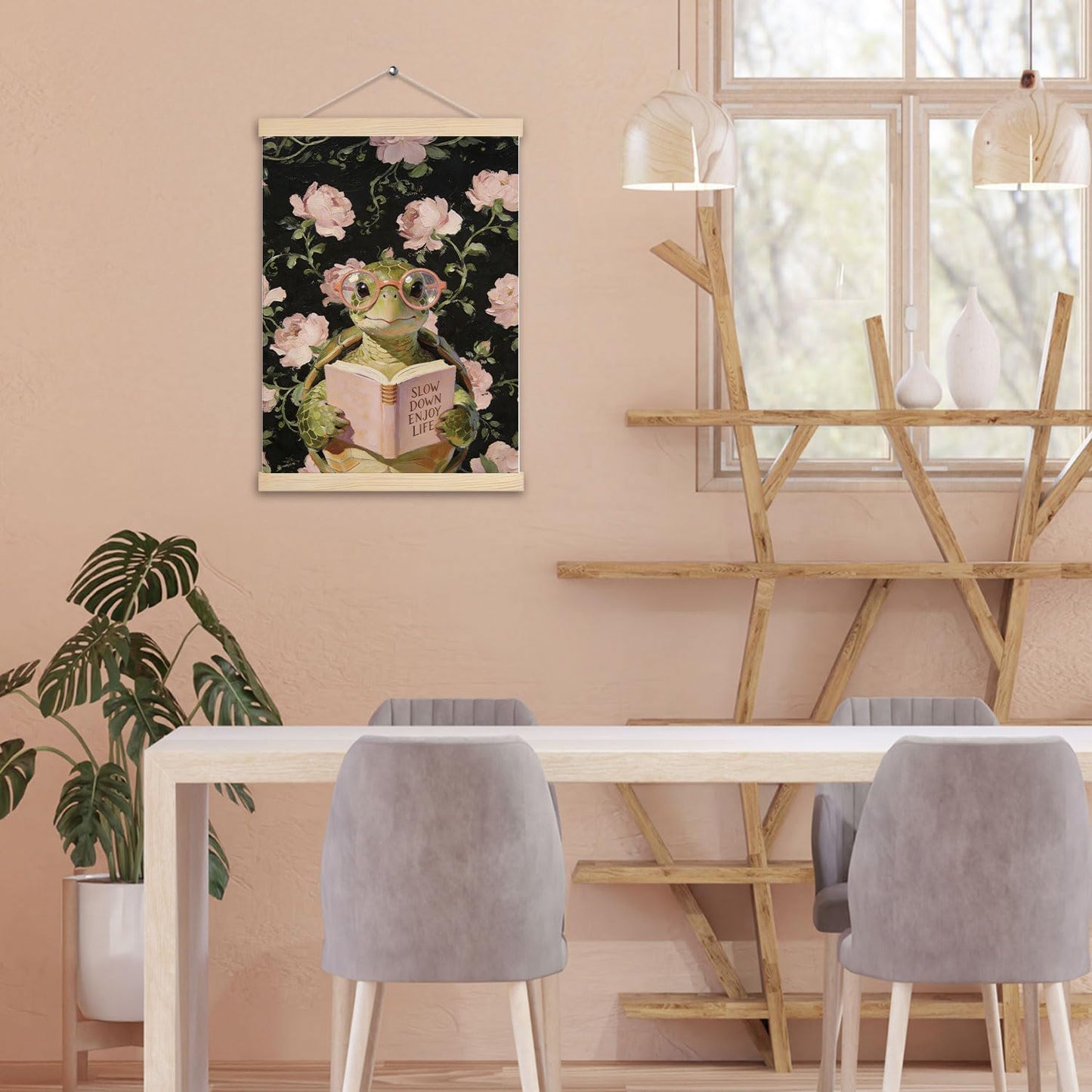 pouep Whimsical Turtle Reading Book Wall Art Poster, Pink Rose Floral Inspirational Turtle Reader Canvas Prints Wall Decor for Reading Nook Corner Room Library Classroom, 12x16 Inches