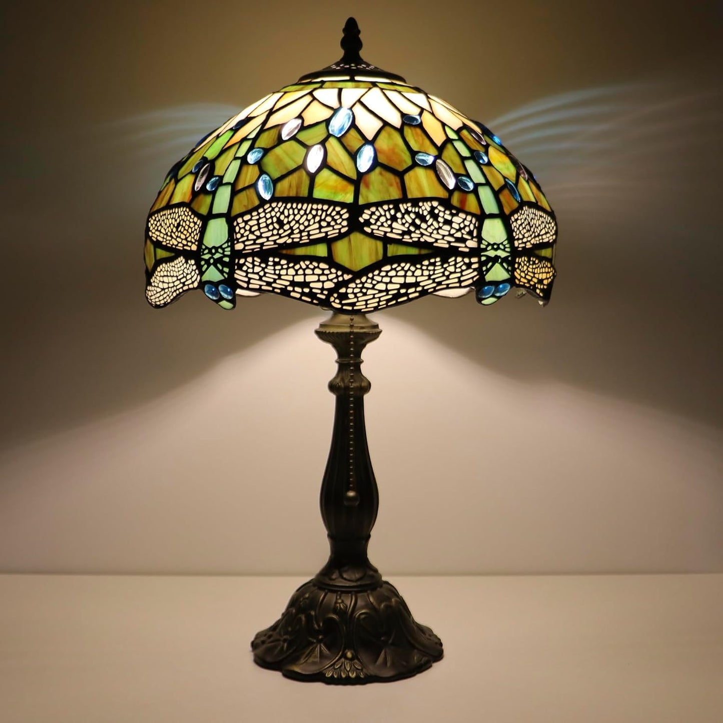 Tiffany Lamps White Brown Dragonfly Style Stained Glass Table Lamp Desk Bedside Reading Light 12X12X18.5 Inches with Bronze Resin Base Applicable to Bedroom Living Room Office