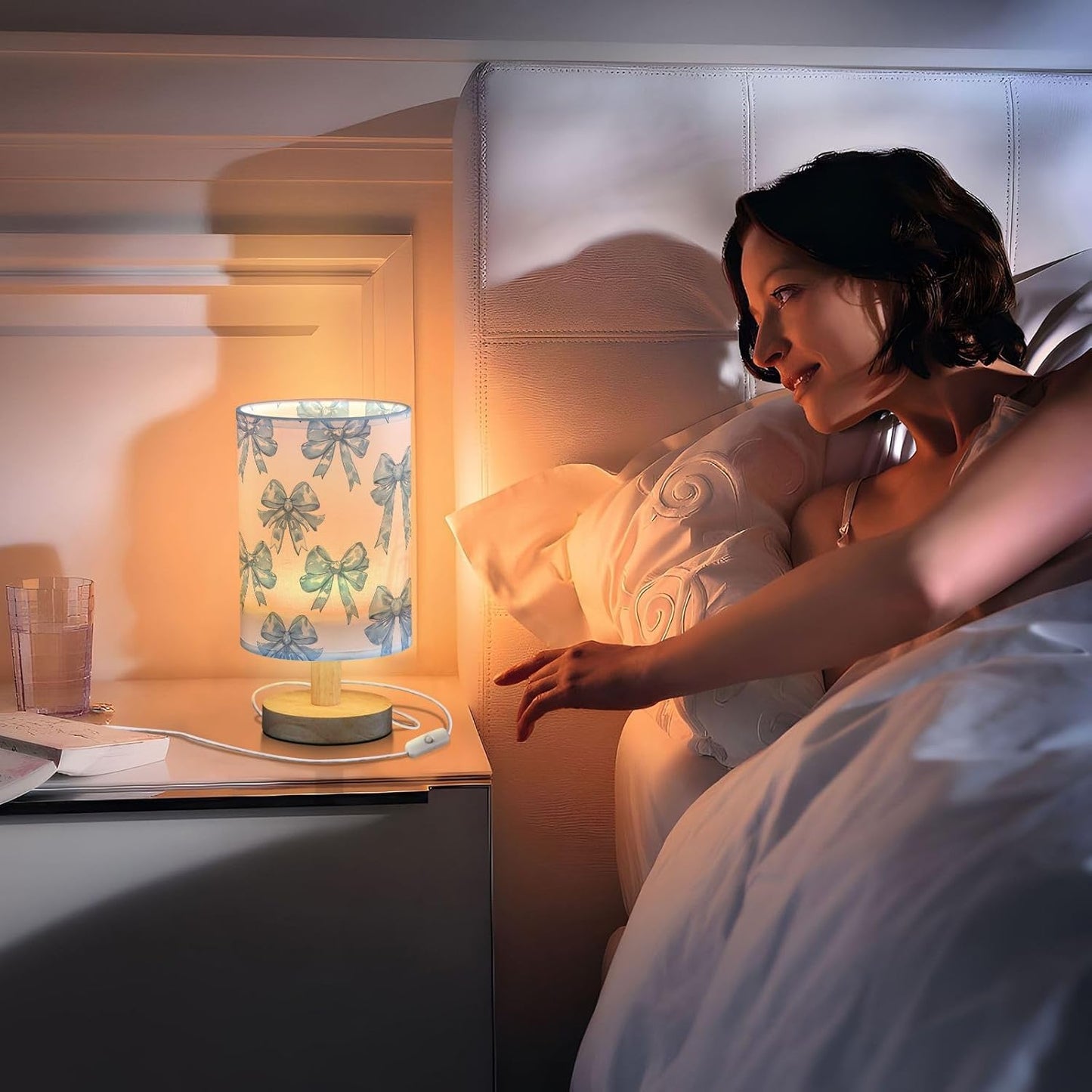 Bedside Table Lamp Blue Bows Printed Nightstand Lamp with Wood Desk Lamps for Bedroom Living Room Nursery Office Home Decor