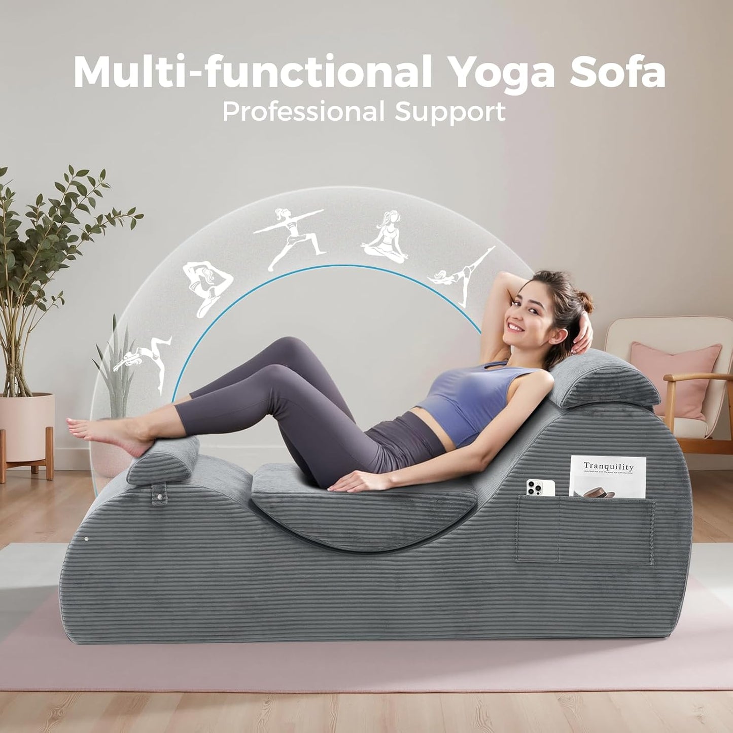 Yoga Chairs for Adults, Ergonomic Chaise Lounge Chair Indoor with Side Pocket, Lumbar Pillow, Ottoman, Yoga Chair Perfect for Stretching, Relaxation, Exercise, Used in Bedroom, Living Room（Dark Gray）