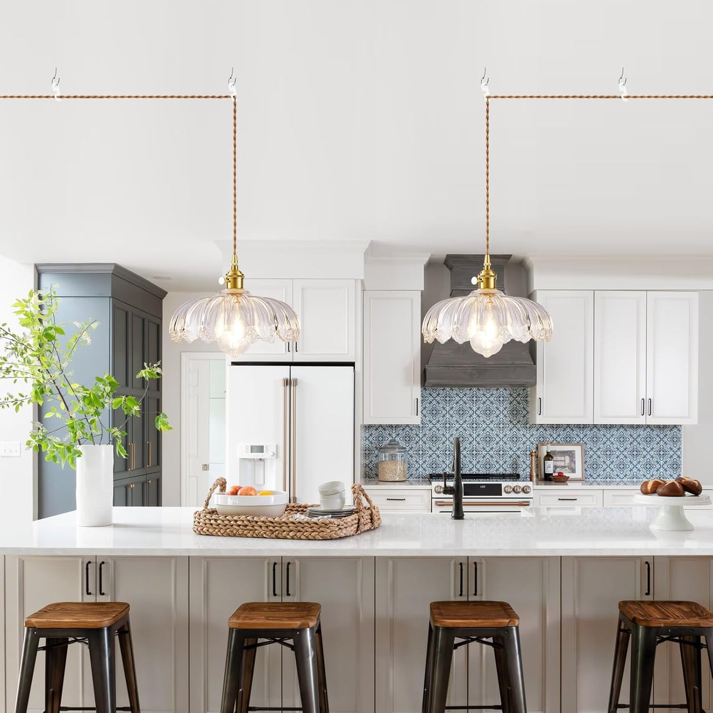 Plug in Pendant Light, Hanging Lights with Plug in Cord, Hanging Light Fixture with Green Glass, E26 Pendant Lighting for Kitchen Island, Bedroom, Dining Room-Clear