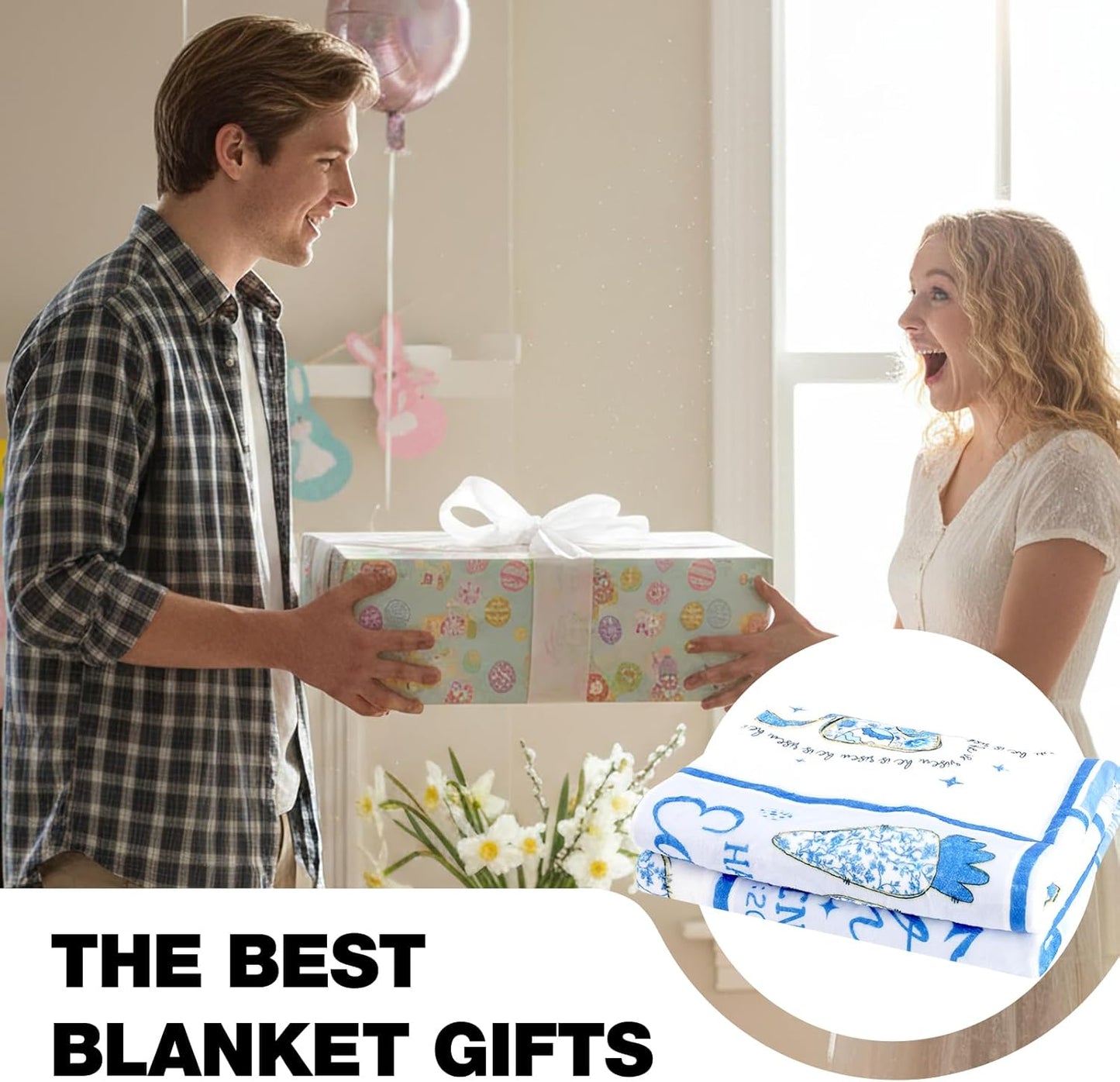 Christian Easter Throw Blanket, Chinoiserie Bunny Eggs Soft Fuzzy Flannel Plush Blanket, Blue Flower Rabbit Throws Blankets for Home Bed Sofa Couch Easter Holiday Birthday Gift 50'' x 60''