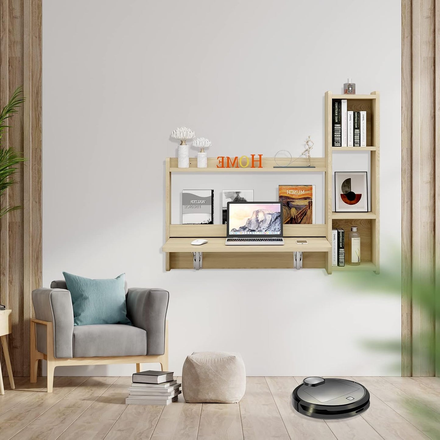 Pmnianhua Floating Desk,41''Wall Mounted Table Folding Fold Down Laptop Computer Desk with Storage Shelves for Wall Bedroom Small Space (Light Oak)