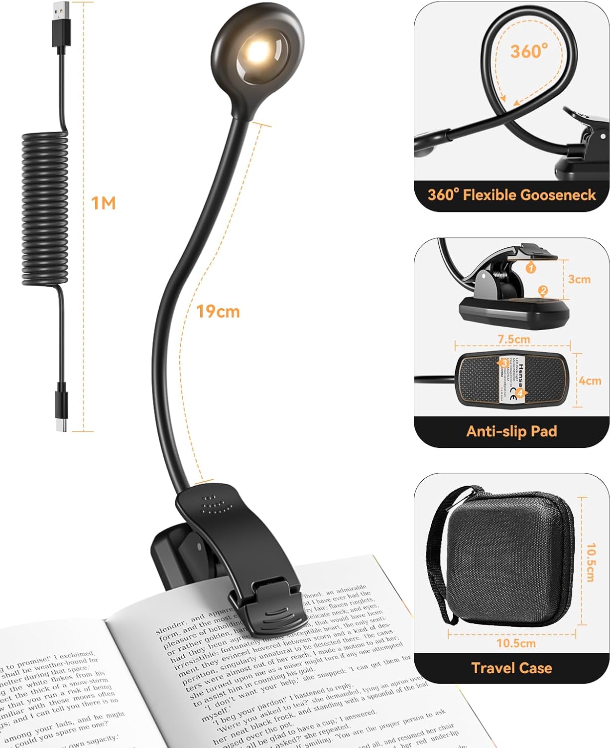 Rechargeable Book Light for Reading at Night, Reading Light with 1200 mAh Battery, Stepless Dimmable Reading Lights for Books in Bed, Portable Clip Book Lights with Case