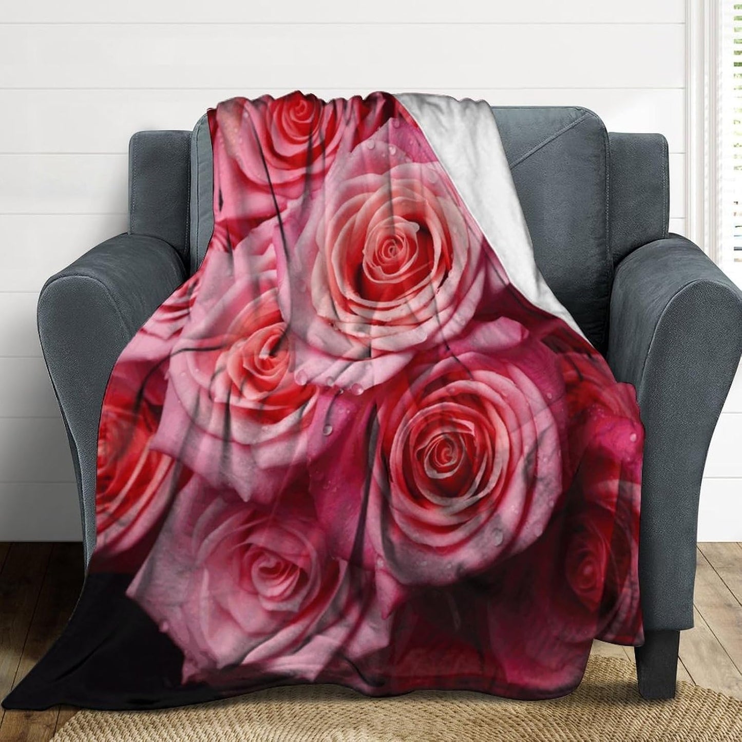Elegant Rose Flower Throw Blanket for Couch Super Soft Warm Lightweight Throw Blankets Cozy Flannel Bed Blanket Cute Decorative Blankets for All Seasons Home Decor Gift 40"*50" （100 * 130cm）