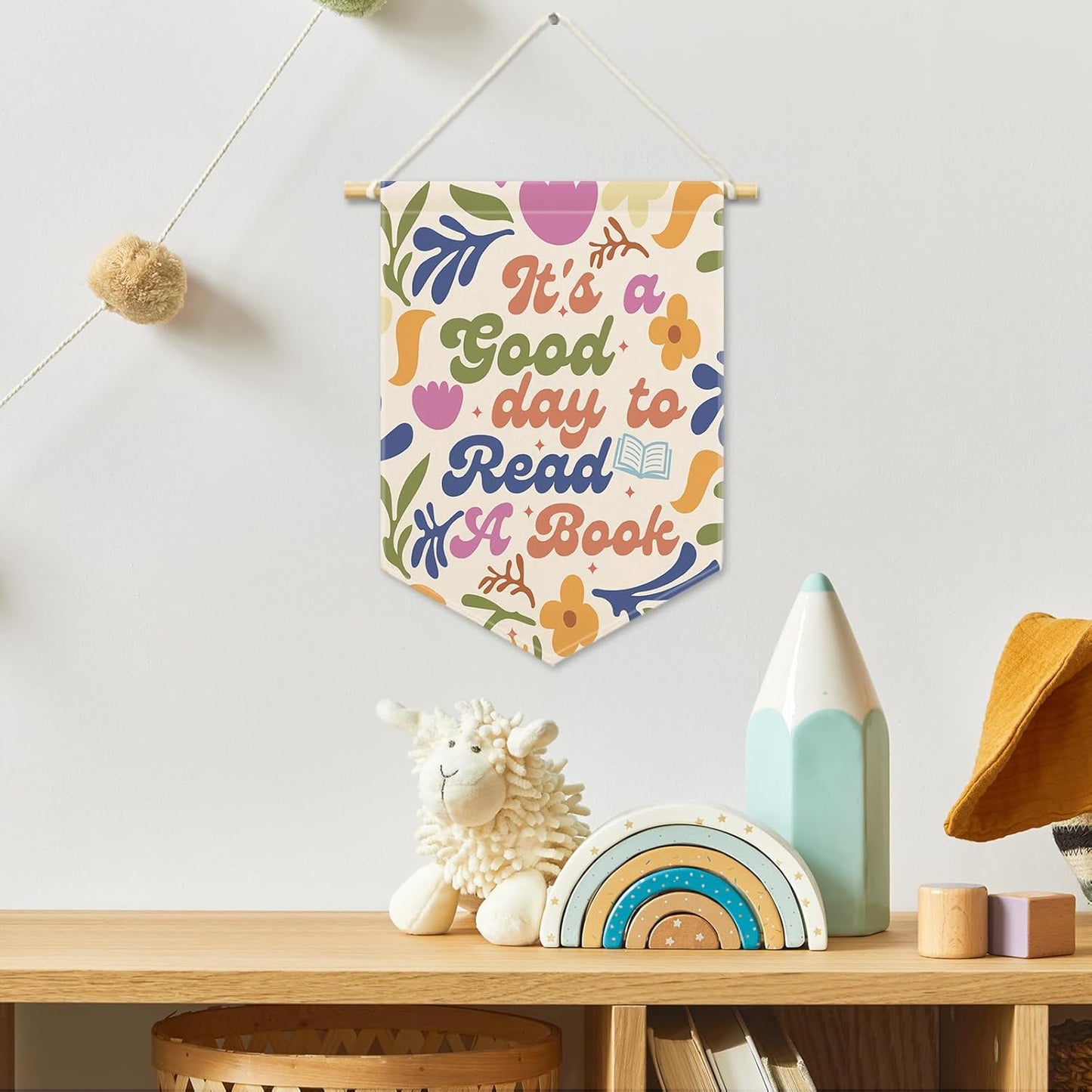 It's A Good Day to Read A Book Kids Room Decor,Floral Reading Classroom Banner Canvas,Nursery Wall Hanging Decor Art Pennant Flag for Reading Nook Corner Playroom Toddler Room Library 11x15in