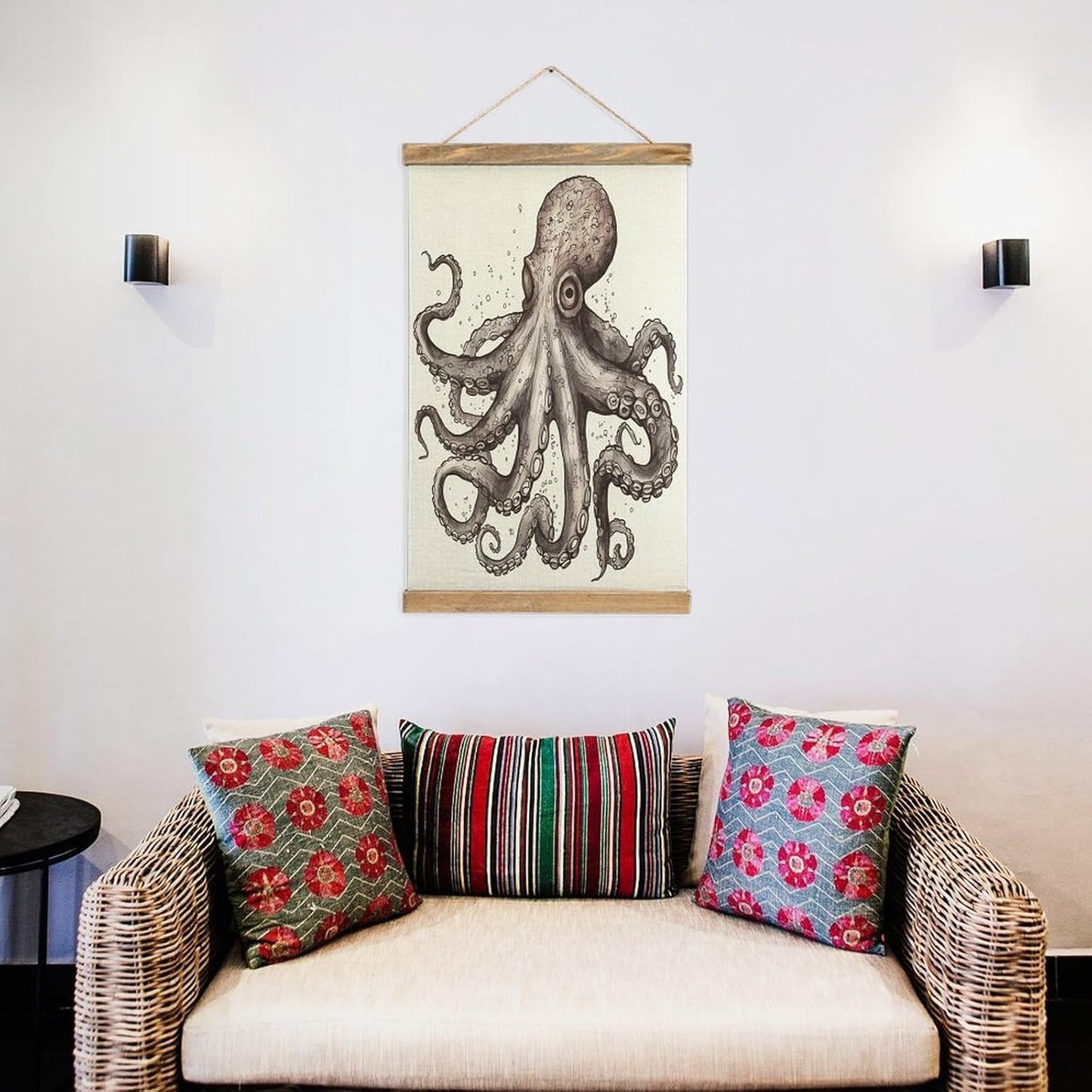 Vintage Octopus Poster with Wooden Frame Personalized Linen Hanging Scroll Painting Rustic Wall Hanging Illustrative Modern Artwork Decor for Home Living Room Bedroom Office