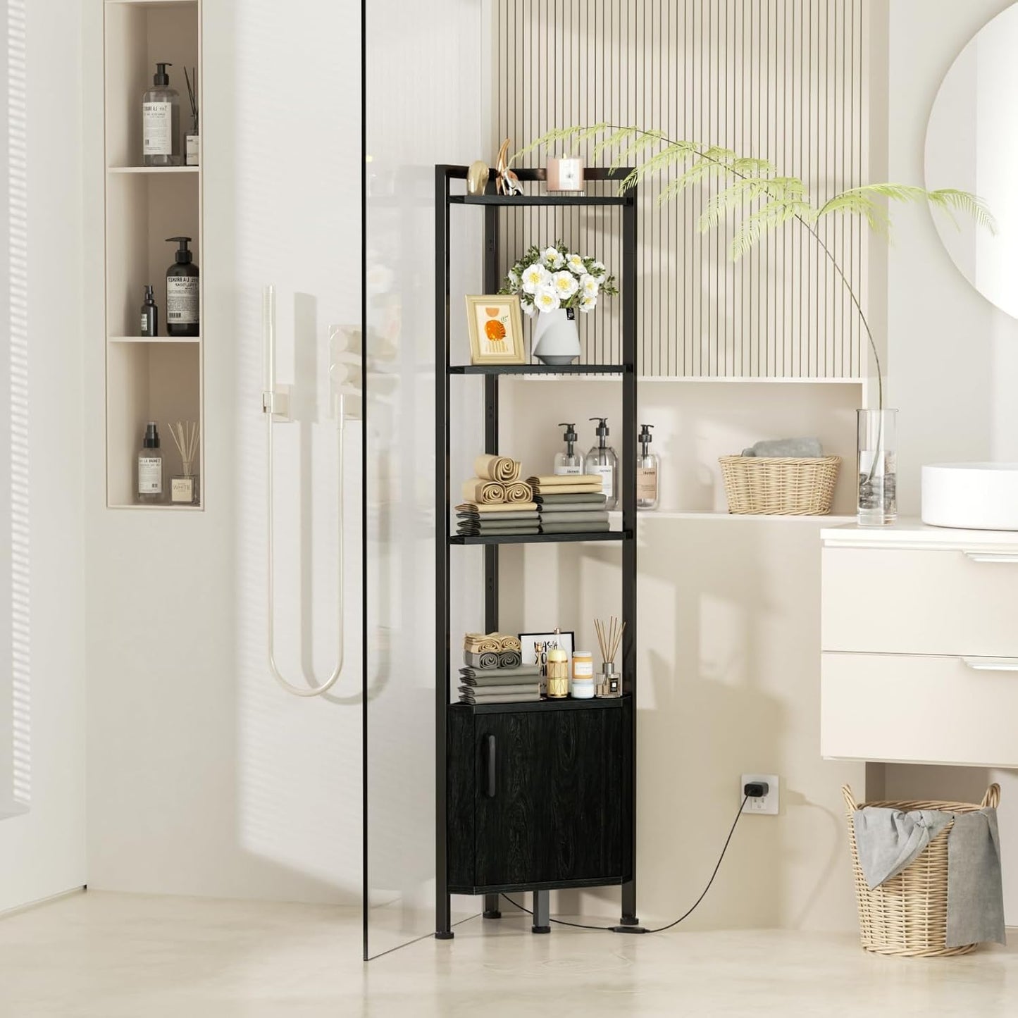 Furnulem Corner Shelf,5-Tier Corner Cabinet with Storage and LED Light, 62.8” Standing Display Bookshelf for Bedroom, Living Room, Kitchen, Wood Display Shelf (Black Oak) | with Storage, LED Light, for Bedroom, Living Room, Kitchen