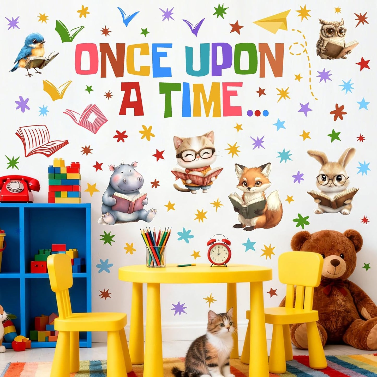 Reading Wall Decal Library Book Wall Stickers Story Read Book Animal Wall Decals Peel and Stick Reading Corner Wall Stickers for Nursery Kids Room Playroom Daycare Classroom School Decor