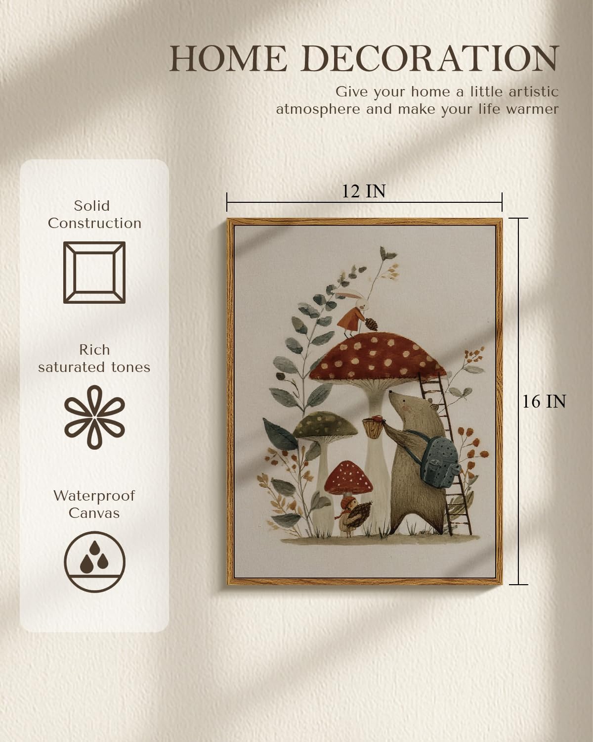 Vintage Storybook Kids Wall Art Framed Canvas Painting 12x16, Cute Woodland Animals and Mushrooms Illustration Bunny Bear Artwork, Nursery Children Room Playroom Farmhouse Fairy Tale Home Decor