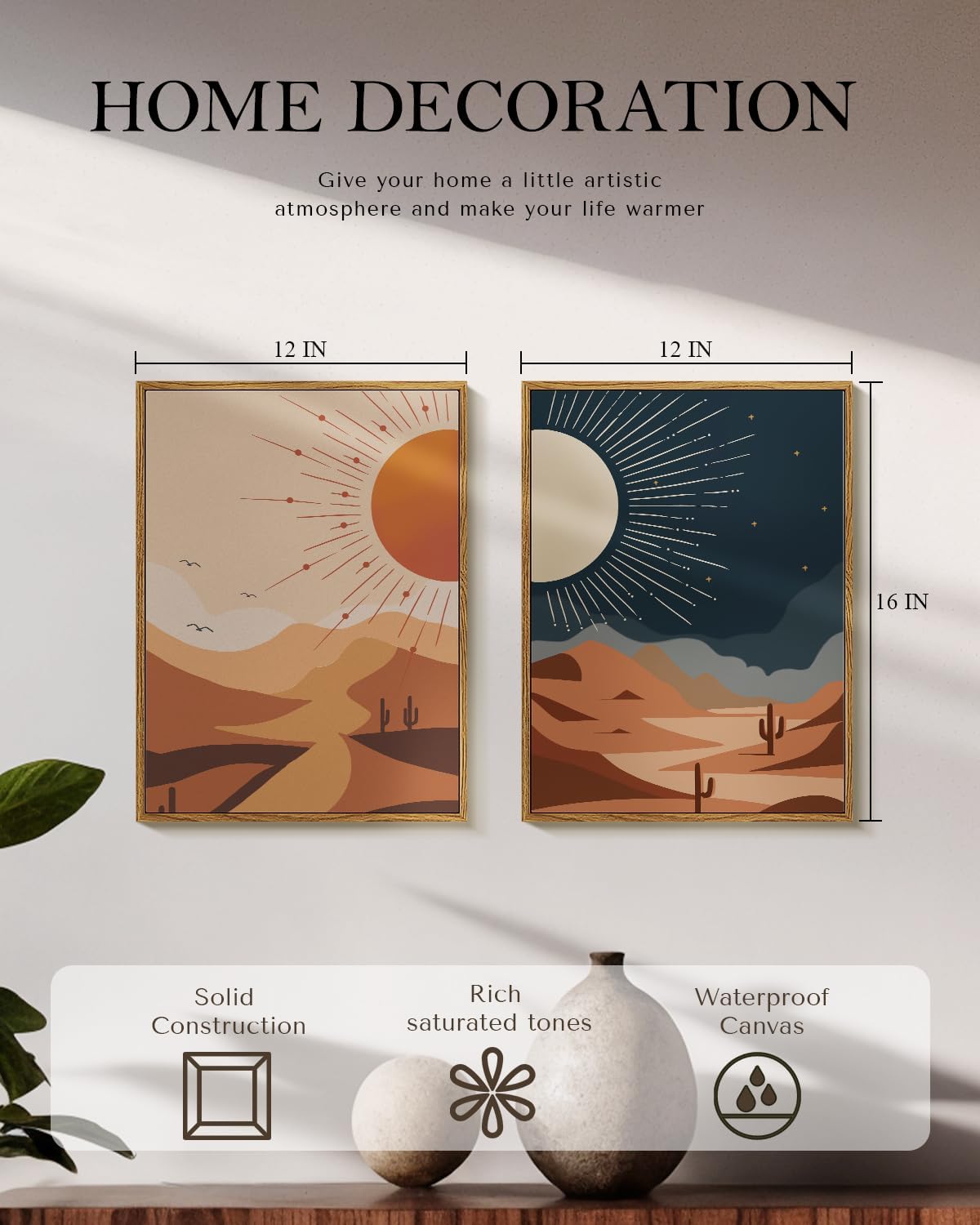 Boho Sun and Moon Wall Art Set 2 Piece Framed Canvas Prints, 12x16 Day & Night Abstract Modern Desert Landscape Artwork, Terracotta Minimalist Warm Earth Tones Bedroom Entryway Bathroom Decor