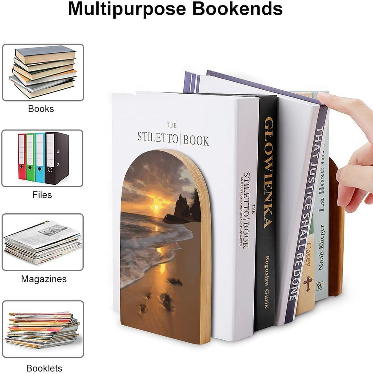 Sunrise Beach Wooden Bookend Non-Slip Book Ends Heavy Duty Book Stopper with Metal Base Books Holderd Decorative Bookends Stands Firmly for Office Supplies