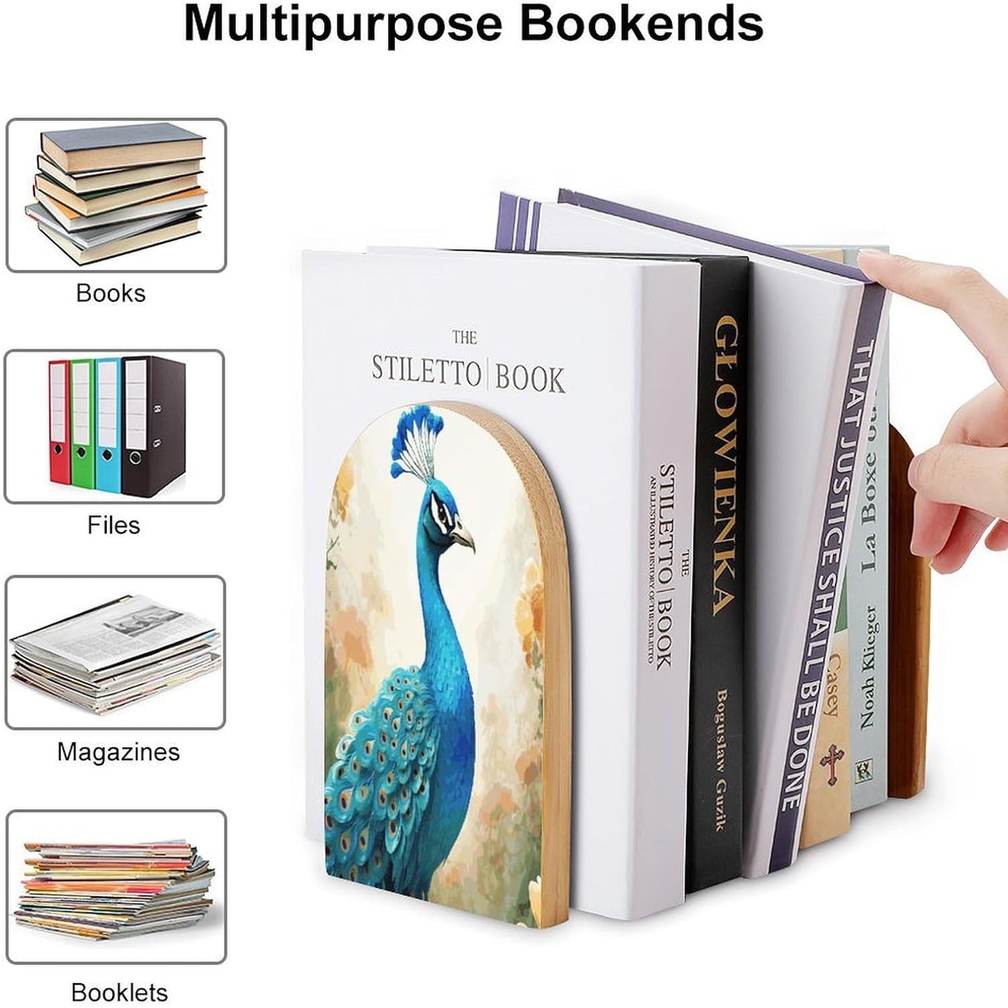 Non-Slip Bookend for Shelves Cartoon Blue Peacock Wooden Bookends with Metal Base Decorative Book Stopper for Home Heavy Duty Wood Book Storage for Books/CDs