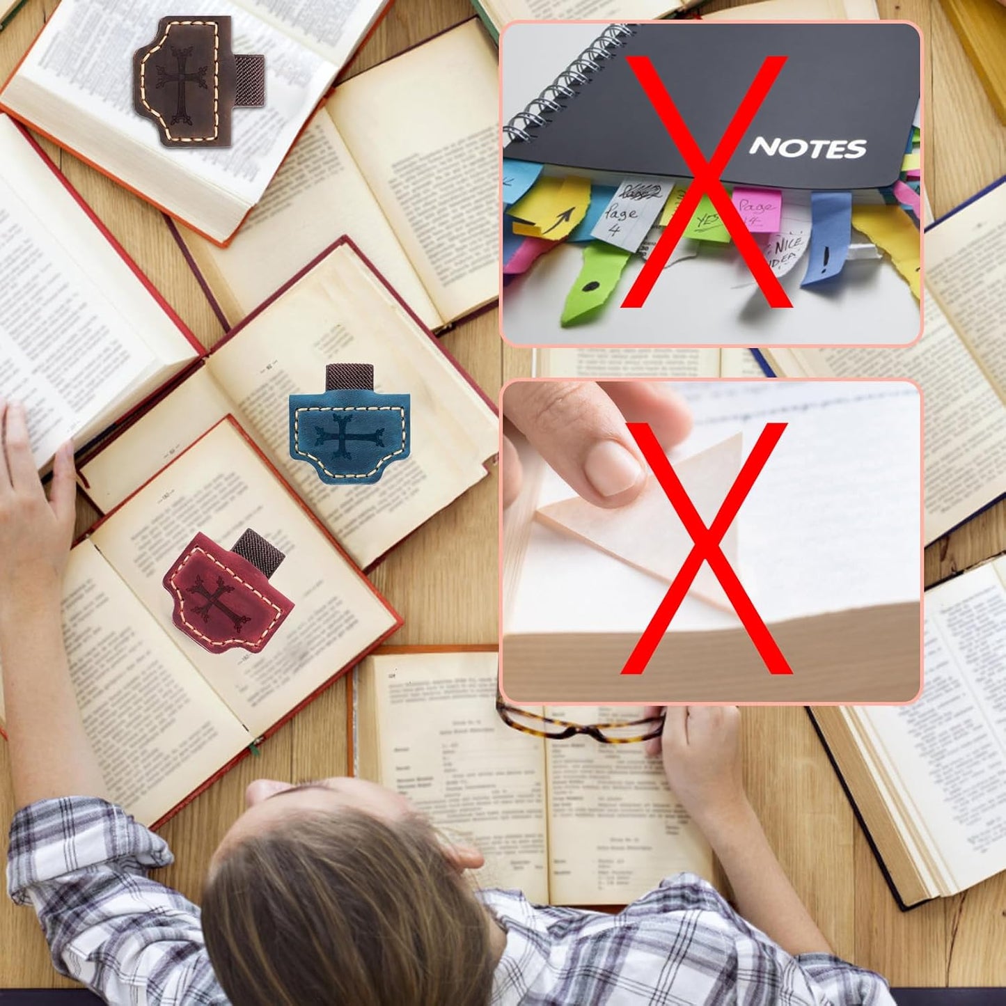 Personalized Leather Magnetic Bookmark Cross Element,Bygone Mark Bookmark with Pen Holder, Magnetic Bookmarks for Bible Study Friends Reader Book Lovers Men Women (Red Crosses, 1PC)