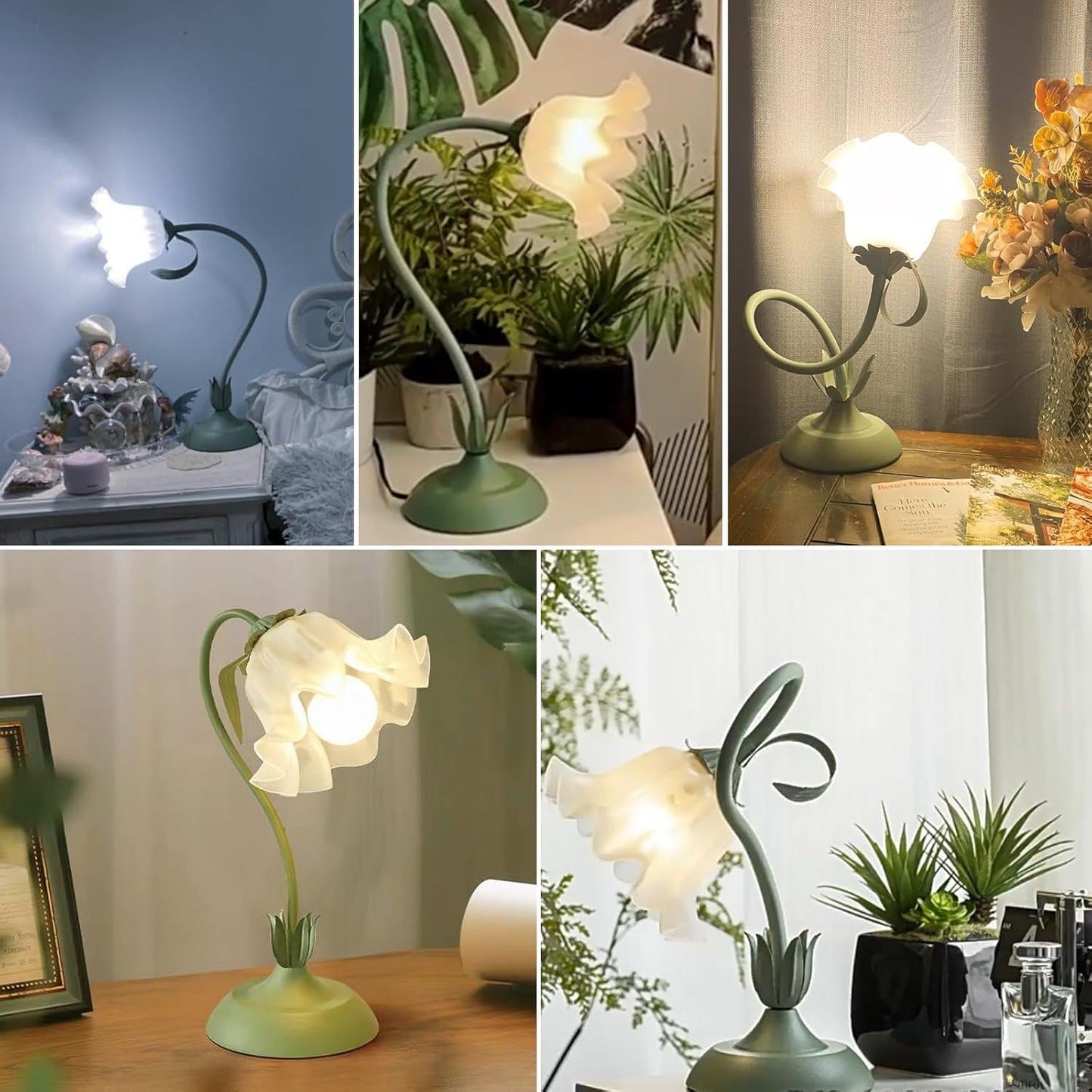 FVTLED Cute Flower Table Lamp, Bedside Vintage Flower Lamp with LED Bulb, 3 Colors Temperature Flower Lamp for Bedroom Living Room Bedside Desk Reading Lighting Table Lamps Home Decoration（Green）