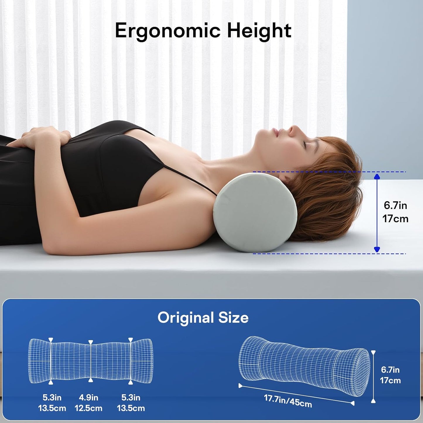 Neck Roll Pillow - Memory Foam Round Neck Pillow - Ergonomic Cervical Roll Pillow, Breathable & Removable Cover - Multi-Use Bolster Pillow for Neck, Leg, Back, Yoga (Blue Grey)