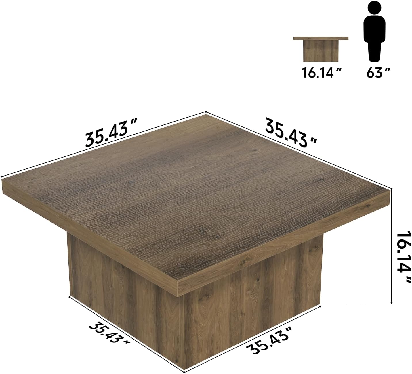 Square Coffee Table,Wooden Living Room Table,Center Table with a Large Tabletop,35.4" x 35.4",for Small Spaces, Apartments, Living Rooms, Vintage Brown
