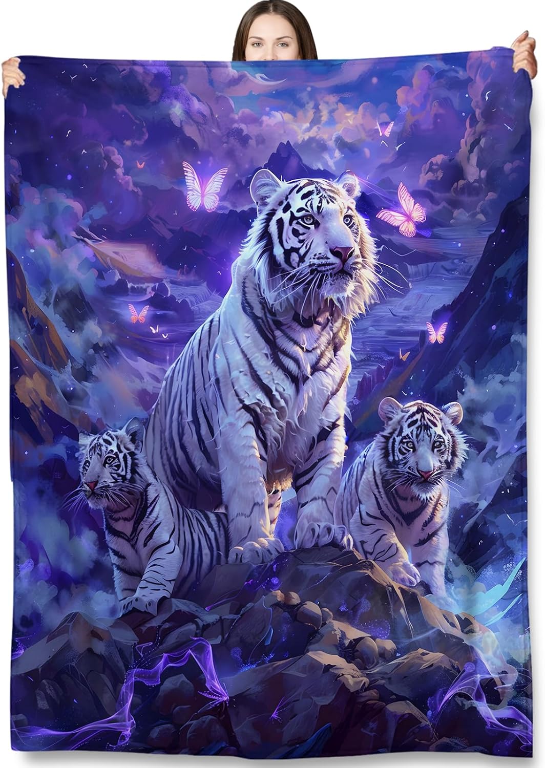 White Tiger Throw Blanket Gifts for Adults Kids, Fantasy Big Cat Blankets for Living Room Bedroom Decor, Fuzzy Warm Flannel Plush 50"x60"