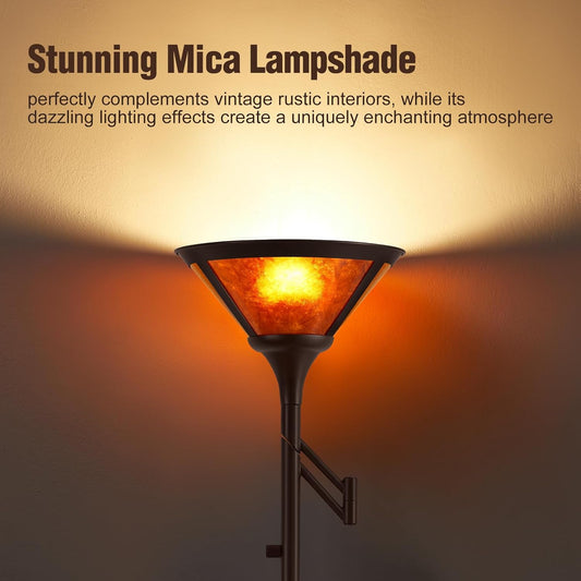Floor Lamps for Living Room - 70" Brown Torchiere Standing Floor Lamp with Adjustable Swing Arm - Tall Corner Lamp Decor for Bedroom with Mica Shade LED Reading Light for Home Office
