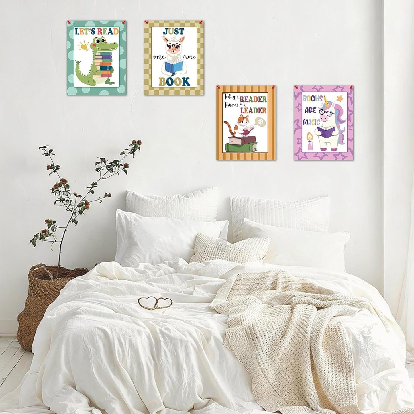Hapons Cute Animals Reading Corner Wall Art Decor Posters, Inspirational Crocodile Alpaca Cat Unicorn Nursery Teen Toddler Kids Room Bedroom Dorm Wall Art Prints, Aesthetic Playroom Classroom Wall Decor Reader Book Lover Gifts 8''x10'' 4 PCS Unframed
