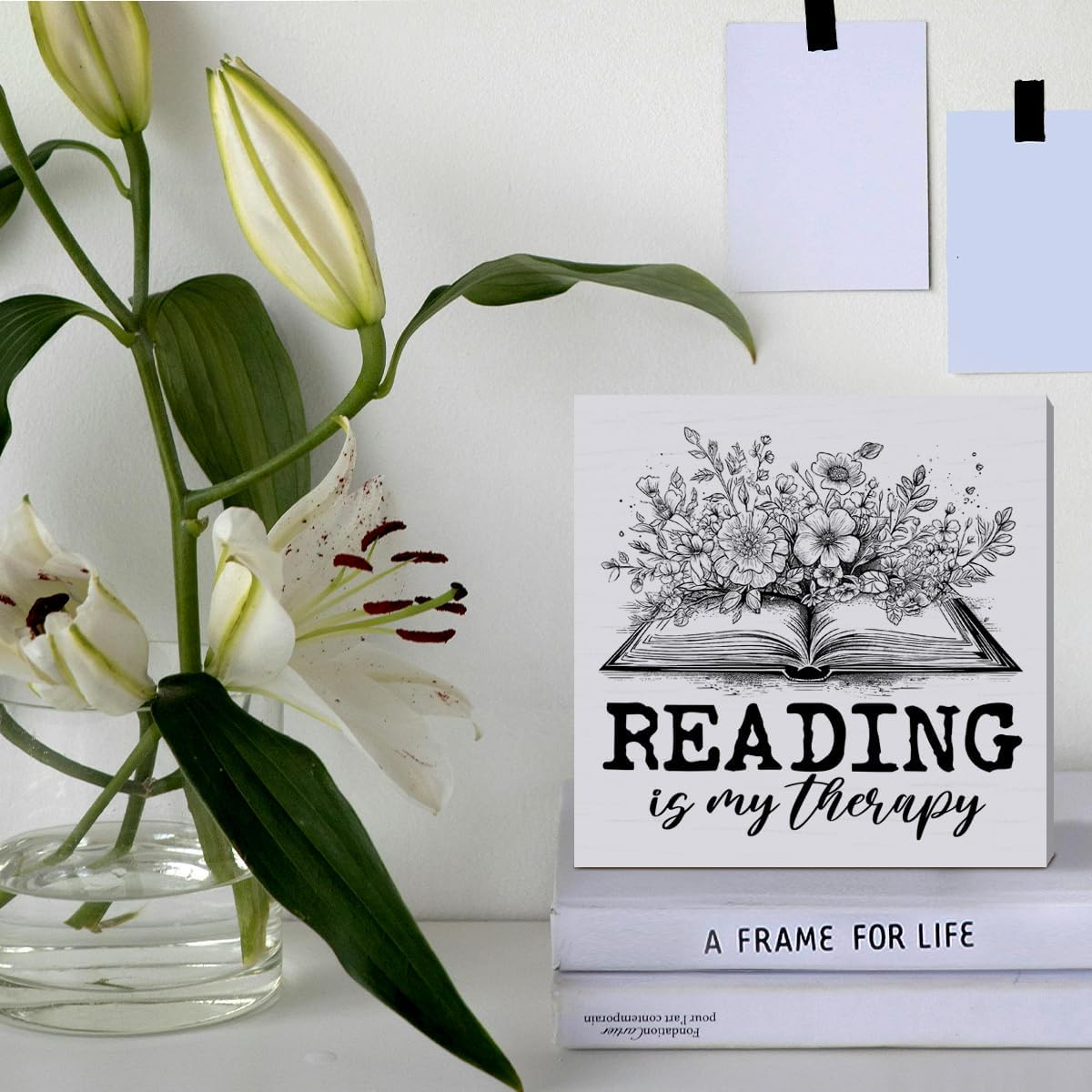 Book Lover Desk Decor Wooden Sign, Reading Nook Decoration for Home Library Girl Bedroom Bookworm Bookish Gifts for Women Book Lover Nerd Reader Librarian, Reading Is My Therapy
