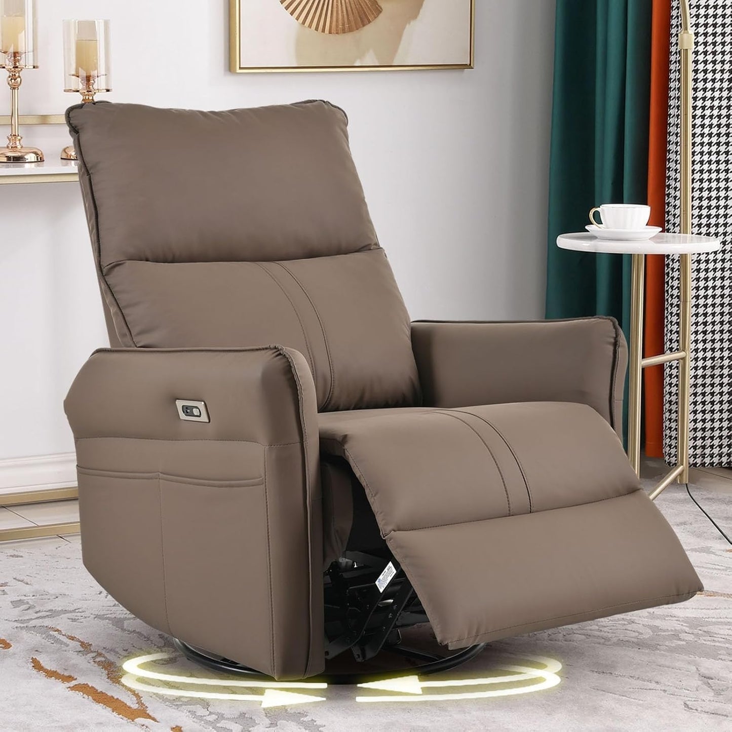 Power Swivel Rocker Recliner Chair with Charging Port, 270° Swivel Electric Recliner Chair, Comfortable Leather Reclining Chair, Brown Upholstered Power Recliner Sofa