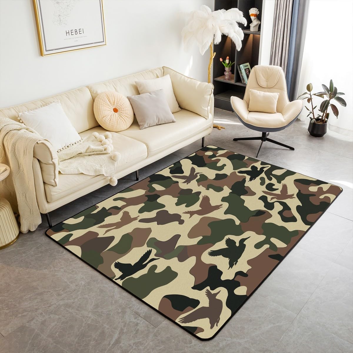 Erosebridal Farmhouse Decorative Rug for Living Room 5x7 Camo Rug for Kids Army Camouflage Hunting Carpet Vintage Brown Green Washable Wild Animal Duck Rustic Area Rug