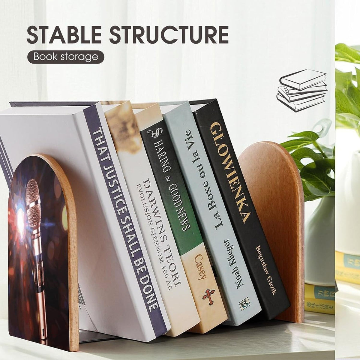 Non-Slip Bookend for Shelves Karaoke Microphone Wooden Bookends with Metal Base Decorative Book Stopper for Home Heavy Duty Wood Book Storage for Books/CDs