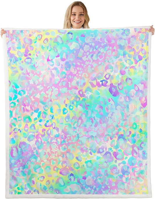 Girls Colorful Leopard Sherpa Blanket Safari Cheetah Print Fleece Throw Blanket Modern Leopard Design Plush Blanket for Boys Girls Kids Room Decor Lightweight for Sofa Bed Couch,Throw 50x60 Inches