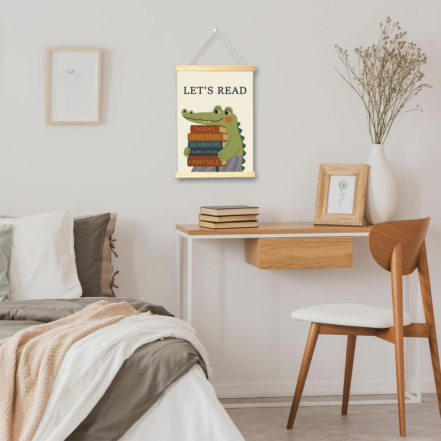 HONPHAX Cute Crocodile Nursery Educational Wall Art Poster Hanger Frame, Let's Read Wall Decor Kids Room Bedroom Playroom Decor Canvas Posters -014
