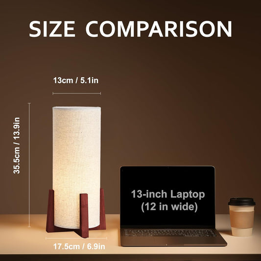 KUNJOULAM Modern Small Table Lamps, Nightstand Lamp with Linen Fabric Shade, 13.9" Cylinder Bedside Table Lamp for Bedroom, Cafe, Living Room Home Decor